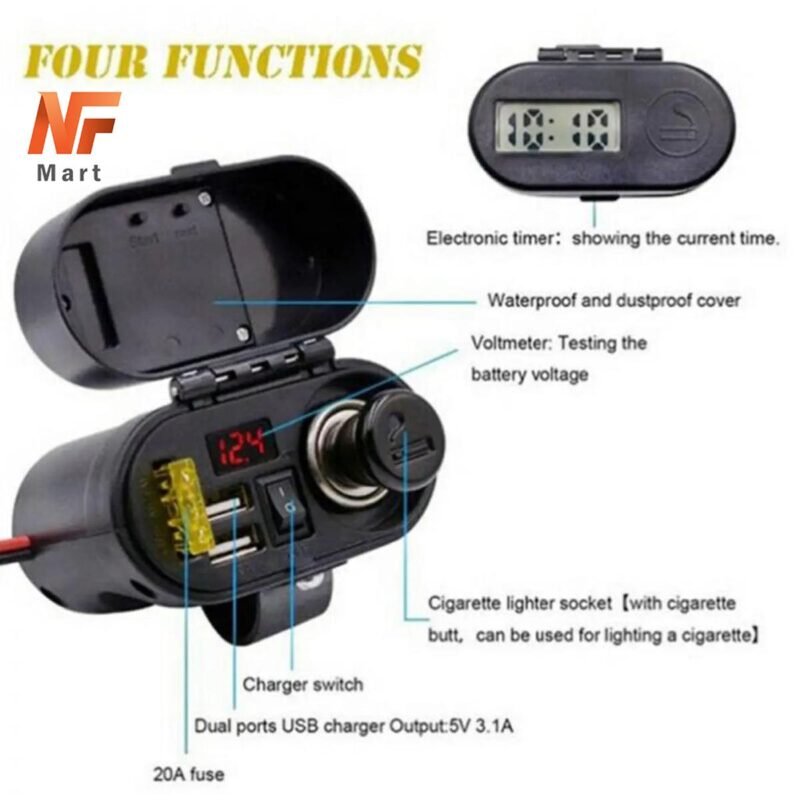 Multi Function 4 in 1 Waterproof Motorcycle Bike USB Mobile Charger Cigarette Lighter with Voltmeter time Clock dual port - Image 3