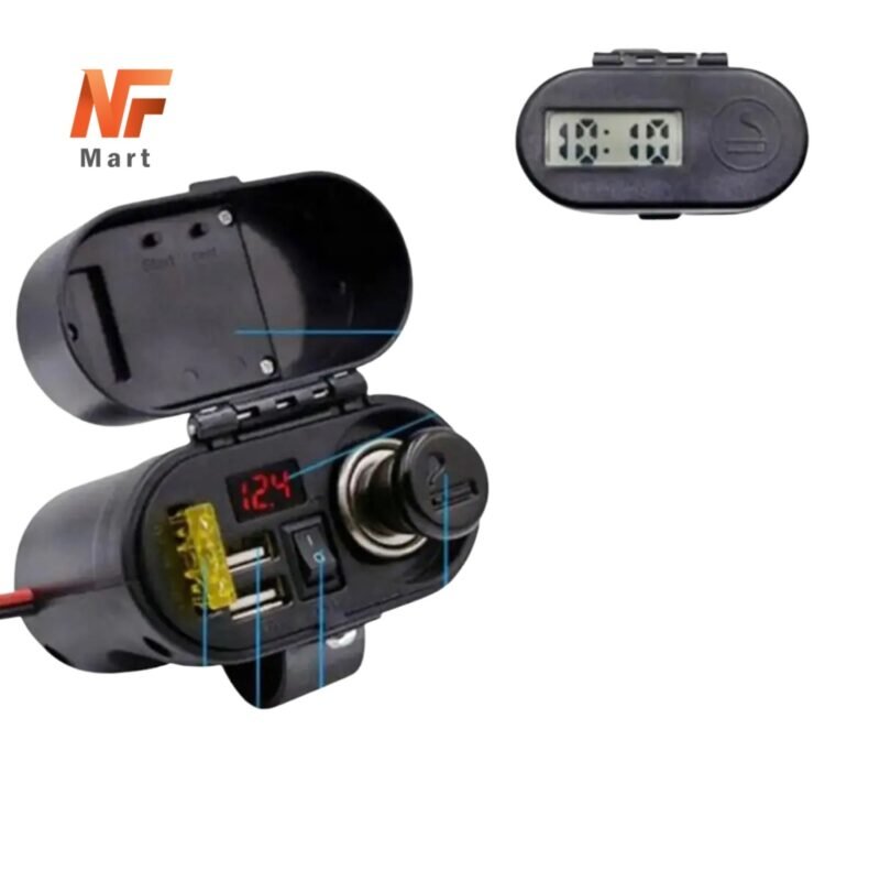 Multi Function 4 in 1 Waterproof Motorcycle Bike USB Mobile Charger Cigarette Lighter with Voltmeter time Clock dual port