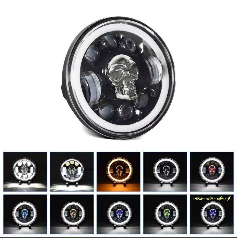 Bike LED Headlight 7 inches Skull Style Multicolor Round Motorcycle Headlight For Café Racer, Jeeps, Yamaha, Suzuki Bikes Led Headlight NF MART - Image 3