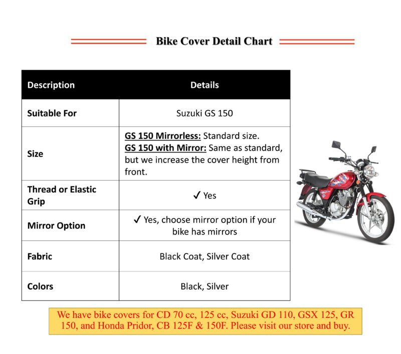 Suzuki GS 150 Cover Bike Covers for 150CC Dust proof and Dirtproof Multicolor Full Size Made from quality fabric to save the bike NF MART - Image 4