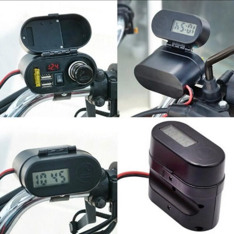Multi Function 4 in 1 Waterproof Motorcycle Bike USB Mobile Charger Cigarette Lighter with Voltmeter time Clock dual port - Image 5