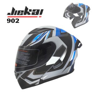 JIEKAI 902 Flip Up Motorcycle Helmet – Feather Grey Blue Matt Finish – DOT Certified New Model with Spoiler