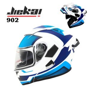 JIEKAI 902 Flip Up Motorcycle Helmet – Mesh White Blue Matt Finish – DOT Certified Dual Visor with Spoiler