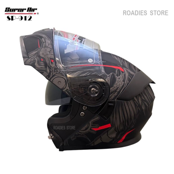Super Air Helmet SP-912 Guardian Angel Matt Black with Red Uplift Dual Visor DOT Approved SP 912 Removeable Padding With Spoiler SP912 - Roadies Store