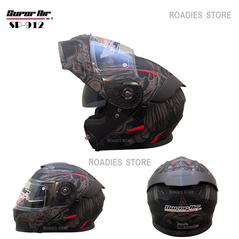 Super Air Helmet SP-912 Guardian Angel Matt Black with Red Uplift Dual Visor DOT Approved SP 912 Removeable Padding With Spoiler SP912 - Roadies Store
