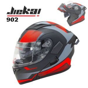 JIEKAI 902 Flip Up Motorcycle Helmet – Mesh Red Black Matt Finish – DOT Certified Dual Visor with Spoiler